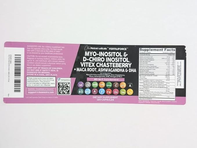 Clean Nutraceuticals Myo-Inositol & D-Chiro Inositol 2050mg Fertility Supplement 40:1 Ratio - Prenatal Vitamins for Women with Ashwagandha Maca Root Vitex Chasteberry Iron DHA Folic Acid DIM Zinc (1)