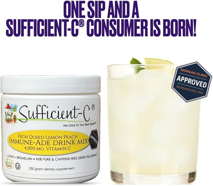 Sufficient-C High-Dosed 4000 mg. Vitamin C Lemon Peach Immune-Ade Drink Mix 250 gram Size - Refreshing with Generously Dosed L-lysine, Bromelain & 96% Pure, Caffeine-Free Green Tea Extract