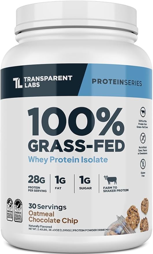 Transparent Labs Grass-Fed Whey Protein Isolate - Naturally Flavored, Gluten Free Whey Protein Powder with 28g of Protein per Serving & 9 Amino Acids - 30 Servings, Oatmeal Chocolate Chip Cookie