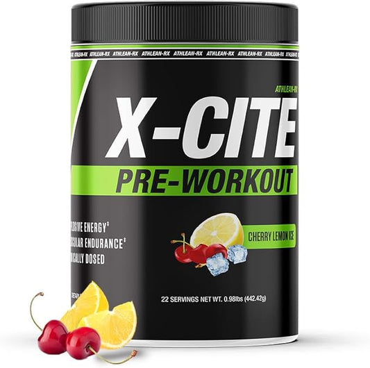 X-CITE Pre-Workout by ATHLEAN-X - Enhanced Formula with Beta-Alanine, Creatine & Caffeine for Ultimate Energy, Endurance, Focus & Muscle Pump, NSF Certified (22 Servings, Cherry Lemon Ice)