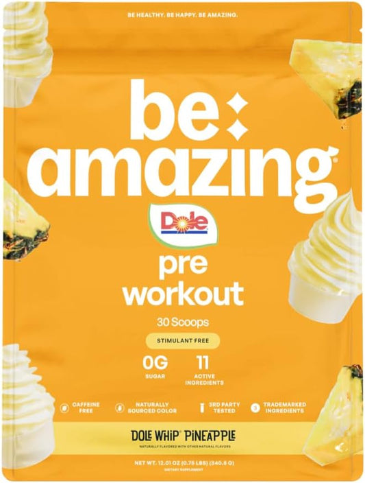 Be Amazing Vegan Stim Free Pre-Workout Powder | Energy Booster Powdered Drink with No Caffeine, No Crash, No Jitters | Gluten-Free Supplement with Adaptogens | Dole Whip Pineapple, 30 Scoops