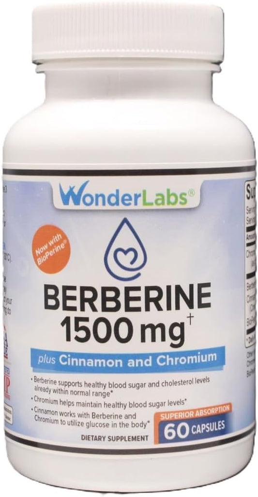 Berberine HCL 1,500mg + Cinnamon, Chromium, & Bioperine Maintenance for Glucose, Heart & Immune System Health Gluten & GMO Free - 60 Capsules
