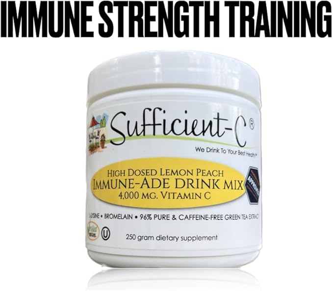 Sufficient-C High-Dosed 4000 mg. Vitamin C Lemon Peach Immune-Ade Drink Mix 250 gram Size - Refreshing with Generously Dosed L-lysine, Bromelain & 96% Pure, Caffeine-Free Green Tea Extract