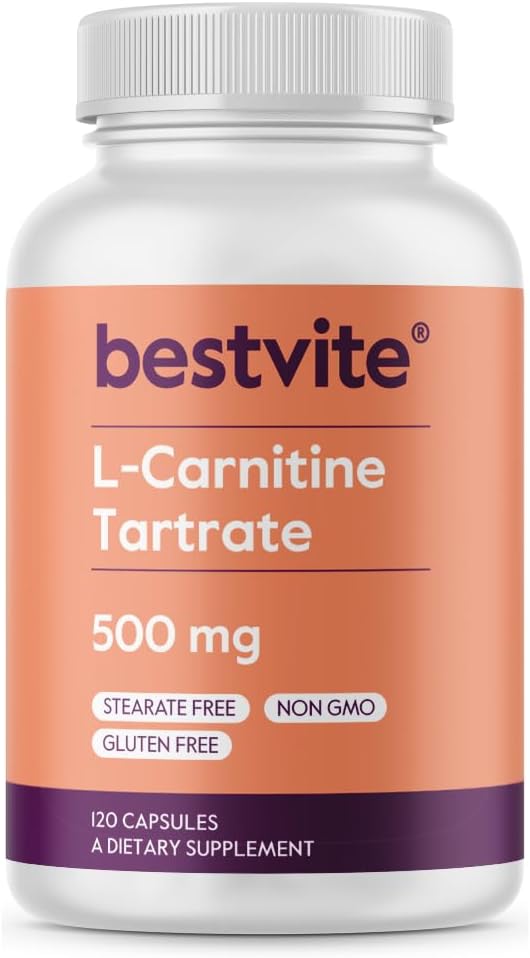 BESTVITE L-Carnitine Tartrate 500mg per Capsule (120 Capsules) - No Stearates - Non GMO - Gluten Free