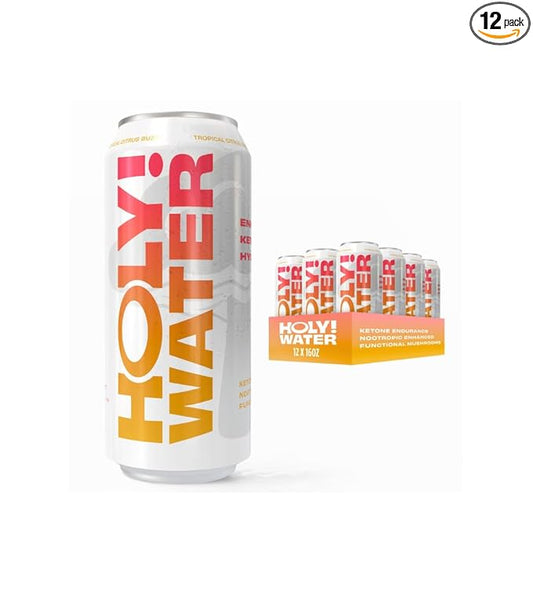 Holy! Water - Ketone Hydration with Nootropics, Adaptogens and Functional Mushrooms for Mood Boosting, Fat Burning, Stress Relief, Fuel - Tropical Citrus (12 Cans) (12 Pack) *Ketones are potent and the tatse profile is for full function*
