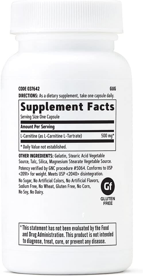 GNC L-Carnitine 500mg, 60 Capsules, Helps Metabolize Long-Chain Fatty Acids