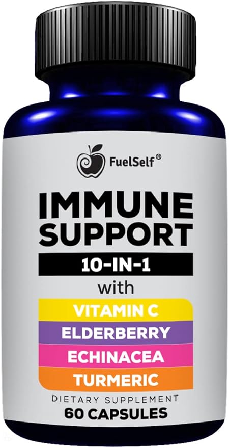 Immune Support Booster Supplement with Elderberry, Vitamin C, Echinacea, Turmeric Curcuminoids, Vitamin E, Vitamin B6, Zinc, L-Glutamine HCL, Garlic, Lactobacillus Acidophilus :: 60 Count, 1 Pack