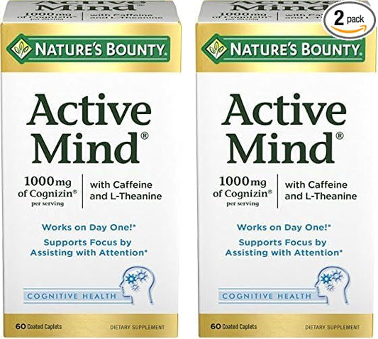 Nature's Bounty Active Mind Dietary Supplement, Supports Focus and Attention, 1000 mg Cognizin with L-Theanine and Caffeine Pills, 60 Caplets (Pack of 2)