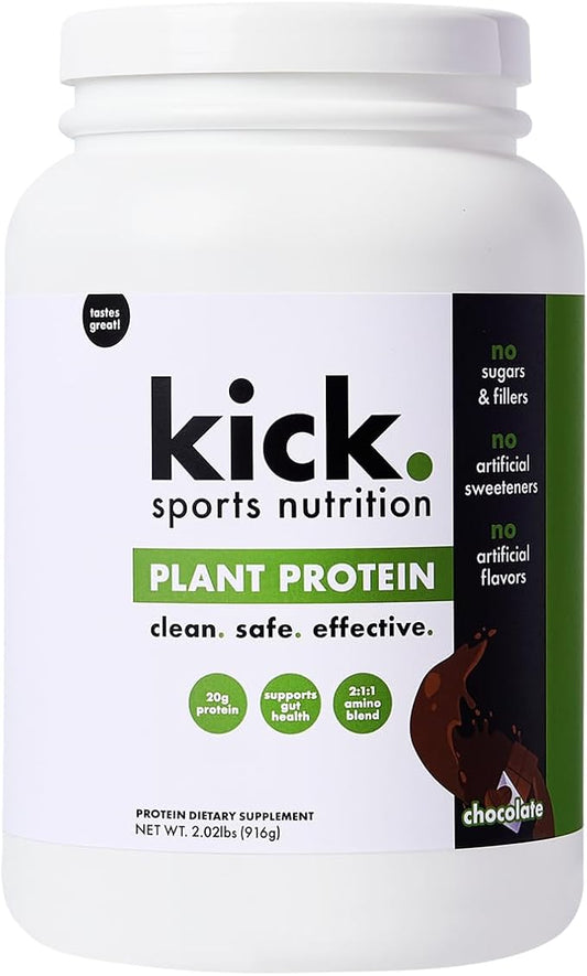 Kick Plant Protein Powder, Chocolate Flavor, 20 G Protein, Gluten Free Workout Supplement with Aminos Acids to Support Fitness Goals & Gut Health, No Sugar, No Artificial Flavors, 28 Servings