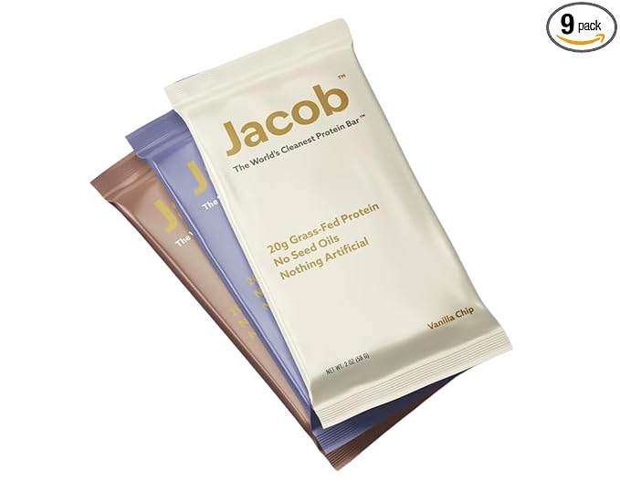 Jacob Bar, Protein Bars, Variety Pack (9 Bars Total) Contains 3 of Each; Chocolate, Vanilla, Berry - 20g Grass-Fed Protein, No Seed Oils, Nothing Artificial