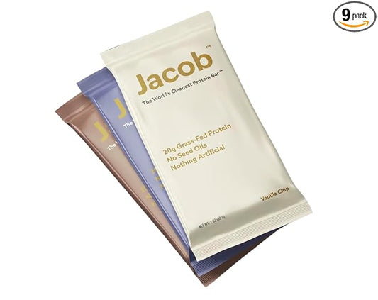 Jacob Bar, Protein Bars, Variety Pack (9 Bars Total) Contains 3 of Each; Chocolate, Vanilla, Berry - 20g Grass-Fed Protein, No Seed Oils, Nothing Artificial