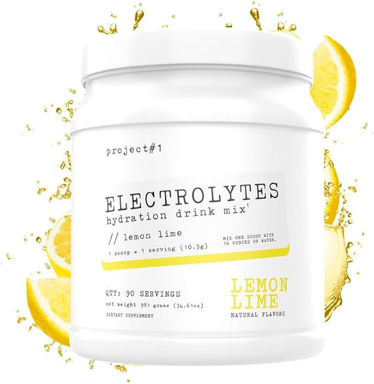 Project #1 Electrolyte Drink Mix - Lemon Lime Flavor - Enhanced Hydration with Potassium & Coconut Water - Low Calorie, High Performance Electrolyte Powder for Fitness & Endurance - 90 Servings