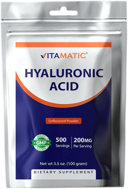 Vitamatic Hyaluronic Acid Powder 200mg - Supports Healthy Connective Tissue and Joints - Promote Youthful Healthy Skin - 100 Gram
