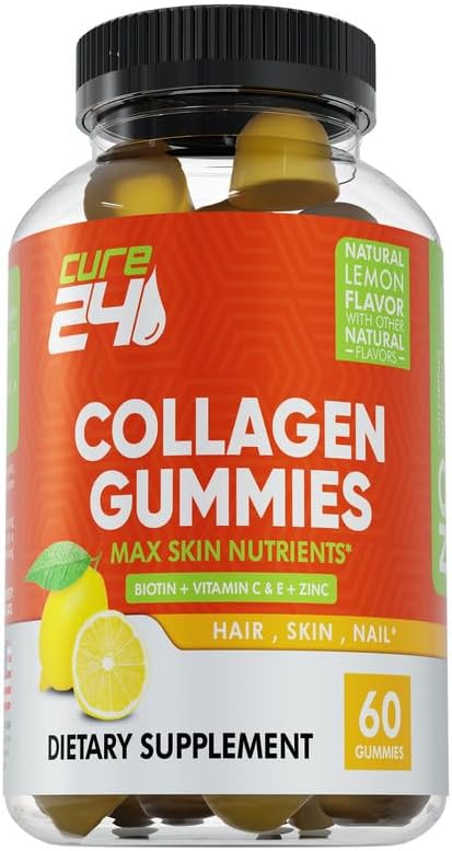 Collagen Gummies with Zinc, Vitamin C and Biotin, Collagen Peptides Supplement Promotes Hair, Nail, Skin, Bone and Joint Health Support, Made in USA 60 Gummies