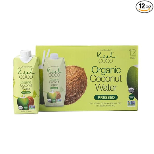 Real Coco Organic Pressed Coconut Water (12-Pack 500mL), USDA Organic, No Sugar Added, Essential Electrolytes, Plant Based, NON GMO, Dairy & Soy Free