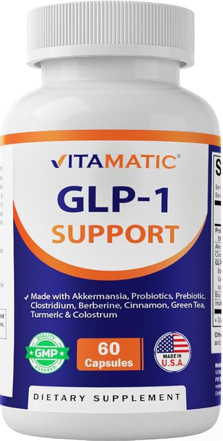 Vitamatic GLP-1 Support Supplement for Men & Women 60 Capsules - Made with Akkermansia, Probiotics, Prebiotic, Clostridium, Berberine, Cinnamon, Green Tea, Turmeric & Colostrum