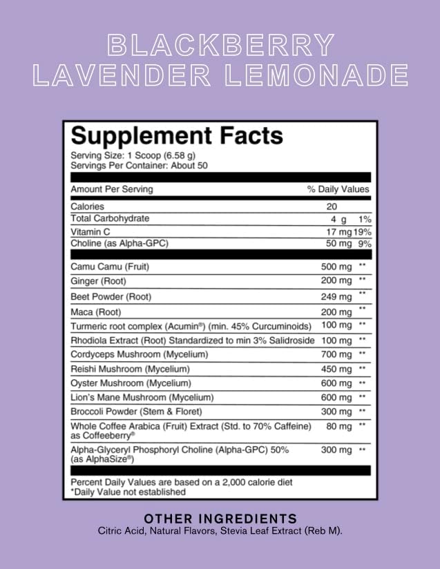 Roots Focus Nootropic Brain Supplement - BlackBerry Lavender Lemonade, Blend of Lion's Mane, Cordyceps, & Reishi Functional Mushrooms + Extended-Release Caffeine, 50 Servings