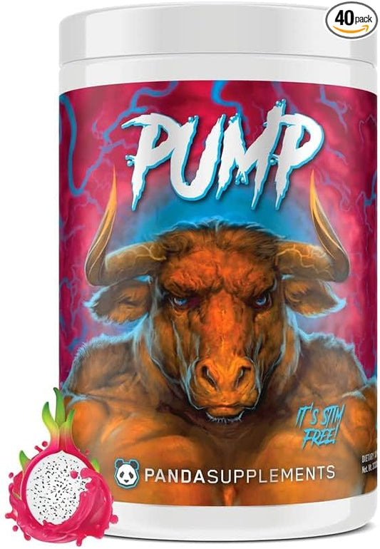 Panda Supps Pump, Pre-Workout, No-Clump Formula w/10G L-Citrulline Malate, Alpha GPC, Lions Mane,CognatiQ™,VasoDrive-AP® 40 Scoops (Rainbow Dragonfruit)