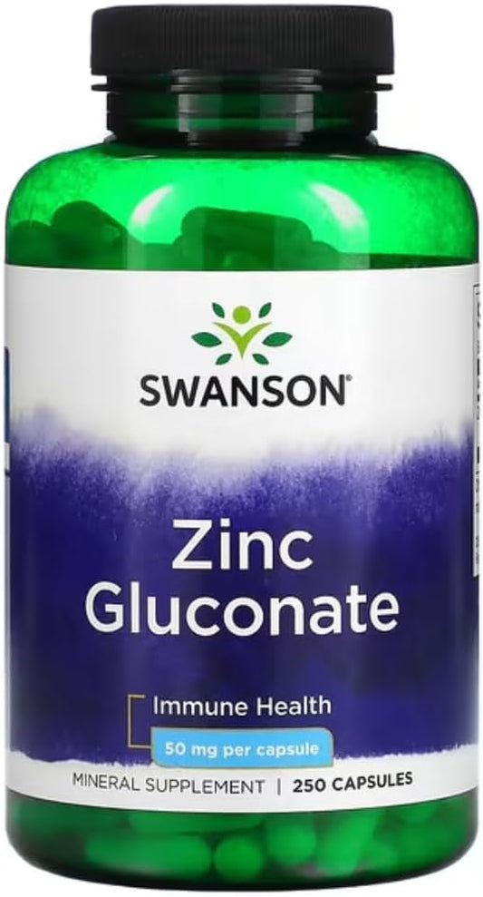 Swanson Zinc Gluconate - Mineral Supplement Promoting Prostate Health, Vision Health, & Immune Support - Gluconate Form for Optimal Absorption - (250 Capsules, 50mg Each)