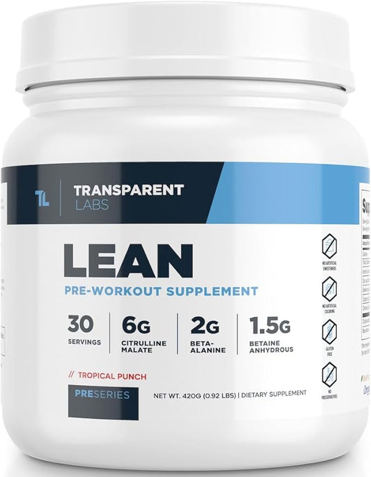 Transparent Labs Lean Pre-Workout - Body Recomposition Pre Workout for Men and Women with Acetyl L-Carnitine, Beta Alanine Powder, & PurCaf Organic Caffeine Powder - 30 Servings, Tropical Punch