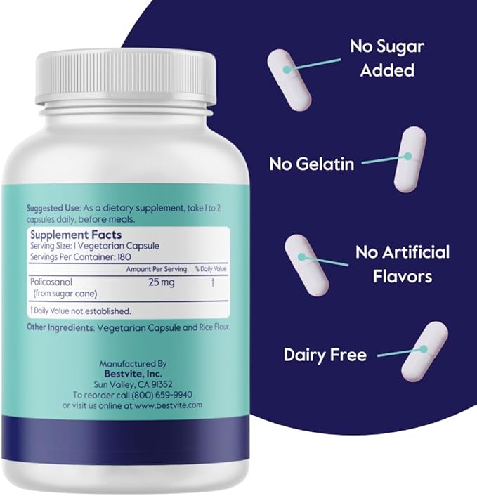 BESTVITE Policosanol 25mg (360 Vegetarian Capsules) (180 x 2) - No Stearates - No Flow Agents - Vegan - Non GMO - Gluten Free