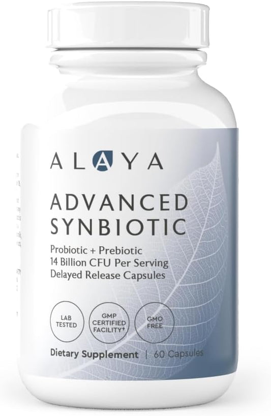 Alaya Naturals Advanced Synbiotic - Probiotic + Prebiotic - 14 Billion CFU Delayed Release Probiotic Supplement with Prebiotics from Sunfiber®, and L-glutamine for Gut Lining Integrity - 60 Capsules