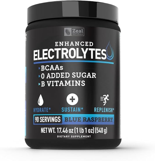 Enhanced Electrolyte Powder (Blue Raspberry | 90ct.) w/ 0 Sugar +BCAAs +B-Vitamins Electrolyte Supplement w Potassium Zinc & Magnesium for Hydration - Keto Electrolytes