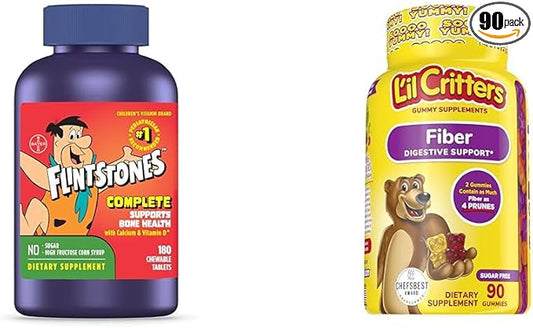Flintstones Vitamins Chewable Kids Vitamins, Complete Multivitamin & L’il Critters Fiber Daily Gummy Supplement for Kids, for Digestive Support, Berry and Lemon Flavors, 90 Gummies