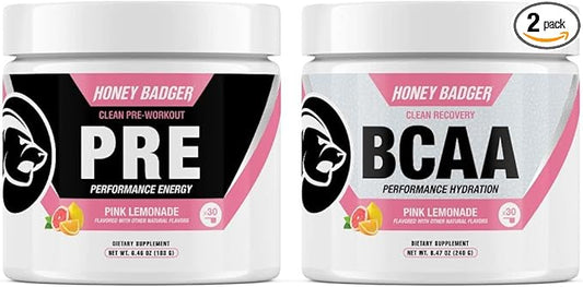 Honey Badger Pre Workout Powder & BCAA Amino Acids Powder Bundle | Beta Alanine, Caffeine & Vitamin C + Electrolytes | Vegan Keto Sugar Free & Paleo for Men & Women | 30 Servings (Pink Lemonade)