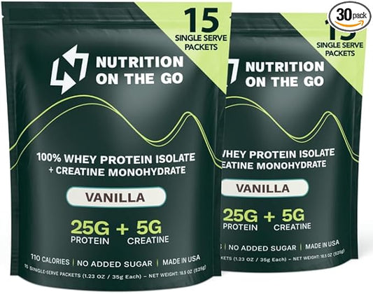 Vanilla Whey Protein Powder with Creatine – 25g Protein, 5g Creatine – Single-Serve Packets for Travel, Gym, and On The Go – Easy Mix, Gluten-Free (30-Pack)