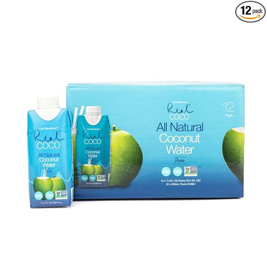 Real Coco All Natural Pure Coconut Water (12-Pack 330mL), Single Ingredient, No Added Sugar, Plant Based, Packed with Electrolytes, Vegan