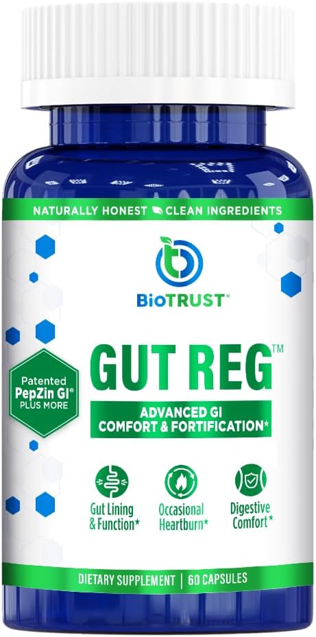 BioTrust Gut Reg Supports a Healthy Gut Lining, Helps Restore Gut Health and Helps Relieve Occasional GI Discomfort with PepZin GI, L-Glutamine and Ginger Extract, Non-GMO, Gluten-Free (60 Capsules)