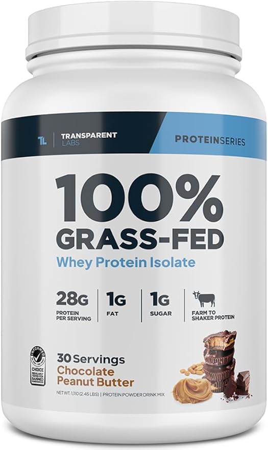 Transparent Labs Grass-Fed Whey Protein Isolate - Naturally Flavored, Gluten Free Whey Protein Powder with 28g of Protein per Serving & 9 Amino Acids - 30 Servings, Chocolate Peanut Butter