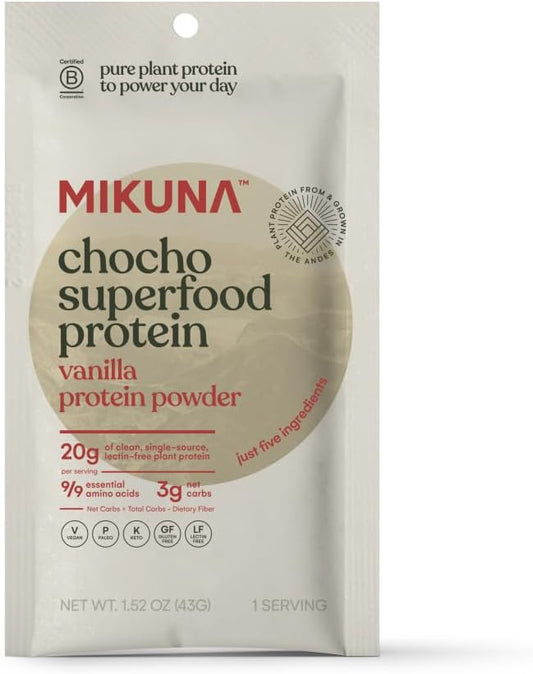 Mikuna Chocho Superfood Protein, Plant-Based Protein Powder - Vegan, Gluten Free, 3g Net Carbs or Less, and Bioavailable, Non-Isolate (8 Servings, Vanilla)