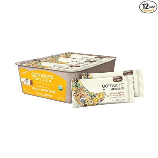 GoMacro MacroBar Organic Vegan Protein Bars - Banana + Almond Butter, (2.3 Ounce Bars, 12 Count)