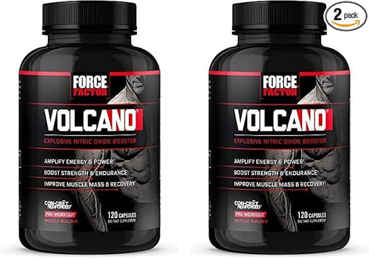 Force Factor Volcano Pre Workout Nitric Oxide Booster Supplement for Men with Creatine and L-Citrulline to Boost and Energy, Help Build Muscle, Better Pump and Workout, 120 Capsules (Pack of 2)