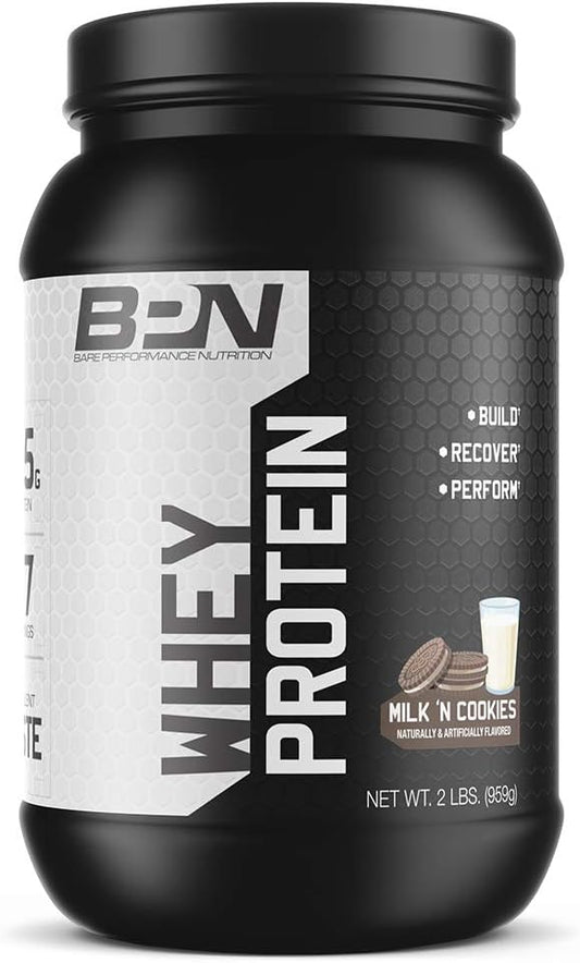 BARE PERFORMANCE NUTRITION, BPN Whey Protein + Casein Protein Powder Blend, Milk N' Cookies, 25g Protein per Serving Supports Lean Muscle Recovery, 27 Servings, Third Party Tested
