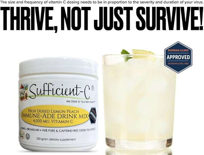 Sufficient-C High-Dosed 4000 mg. Vitamin C Lemon Peach Immune-Ade Drink Mix 250 gram Size - Refreshing with Generously Dosed L-lysine, Bromelain & 96% Pure, Caffeine-Free Green Tea Extract