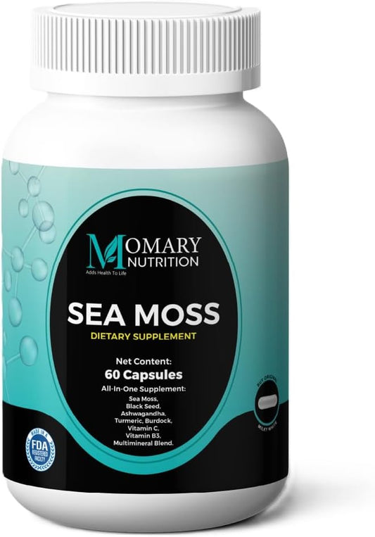 Sea Moss, Black Seed, Ashwagandha, Turmeric, Burdock, Vitamin C, Vitamin B3, Multimineral Blend, All-in-One Supplement for Men and Women, Vegan, Gluten Free, Non-GMO, 60 Capsules