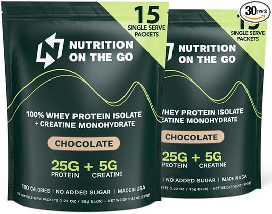 Chocolate Pack Whey Protein Powder with Creatine – 25g Protein, 5g Creatine – Single-Serve Packets for Travel, Gym, and On The Go – Easy Mix, Gluten-Free (30-Pack)