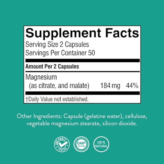 Nature’s Sunshine Magnesium Complex - High Potency Magnesium Supplement with Citrate & Malate for Relaxation, Optimal Absorption, Muscle Function, Energy Production - 50 Servings (100 Capsules)