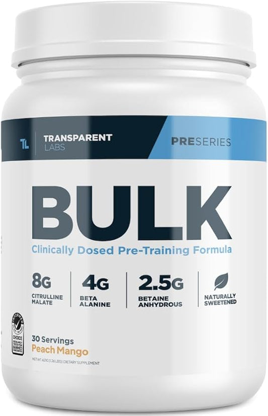 Transparent Labs Bulk Pre Workout Powder - Naturally Sweetened Advanced Pre-Workout Formula for Muscle Building and Strength - 30 Servings, Peach Mango