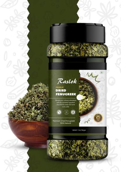 Raslok Dried Fenugreek Spice Leaves Herbs All Natural Kasoori Methi | 1oz - 28gm | Popular Seasoning Indian Spices| All Natural | Vegan | Gluten Free| NON-GMO | Kasuri Methi Organic | Dried Herbs