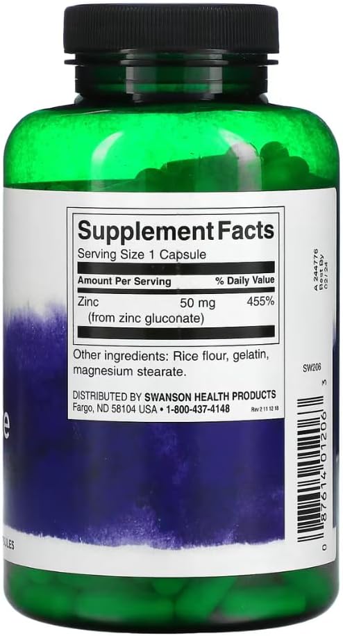Swanson Zinc Gluconate - Mineral Supplement Promoting Prostate Health, Vision Health, & Immune Support - Gluconate Form for Optimal Absorption - (250 Capsules, 50mg Each)