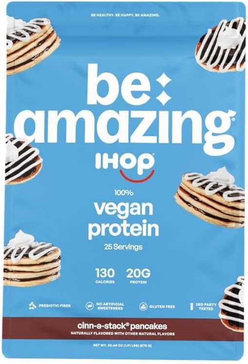 BEAM Be Amazing Vegan Protein Powder | 20g Plant-Based Protein with Prebiotics Fibers | Sugar-and-Gluten-Free Shake Mix, Low Carb Non-Dairy Smoothie | Cinn-a-Stack Pancakes, 25 Servings