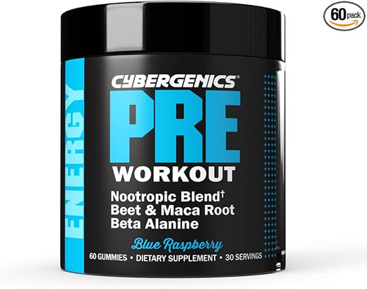 Pre Workout Gummies, Supports Energy Levels, Boosts Performance, Beta Alanine, Green Tea Extract, Nootropic Blend for Focus, Natural Beet Root, Blue Raspberry, 60 Gummies, 30 Servings
