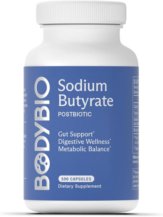 BodyBio Butyrate Supplement - Postbiotic for Gut Microbiome Health, Digestion and Regulation Support - Butyric Acid with Sodium - 100 Capsules