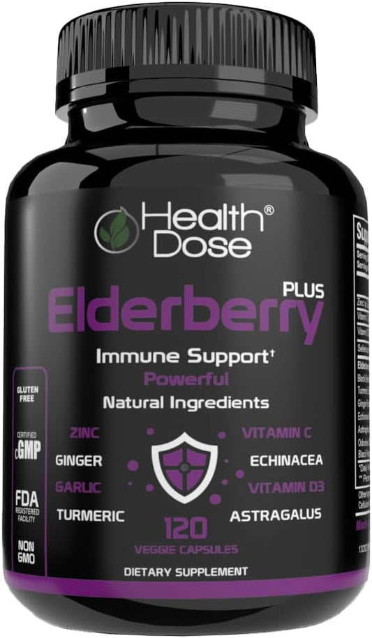 Elderberry Plus Capsules – Immune Support Supplement with Vitamins C, D3, Zinc, Selenium & 11 Ingredients for Year-Round Wellness – 120 Veggie Capsules, 2-Month Supply