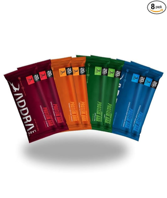 ADDRA Vegan Protein Bars – Variety Pack of 8 – 20g Plant Protein + 3g Leucine – Recovery Snack for Endurance Athletes – Low Sugar, Gluten-Free, High Protein Bar