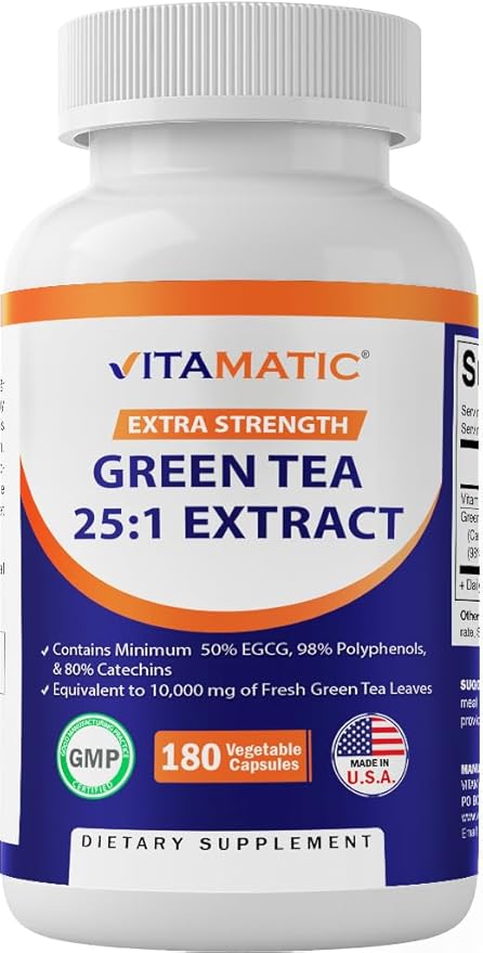 Vitamatic Green Tea Extract with Vitamin C, 25X Concentrate, 98% Polyphenols, 80% Catechins, 50% EGCG, 180 Veg Capsules